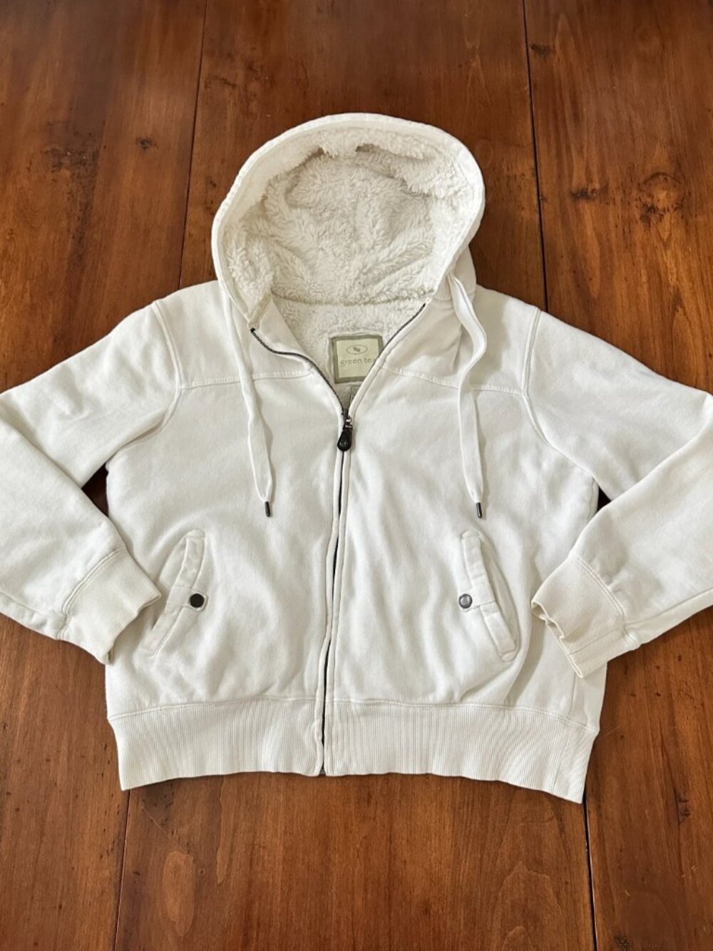 Green Tea Women's Large Sherpa Lined Hoodie Ivory Cotton Full Zip Cozy Jacket